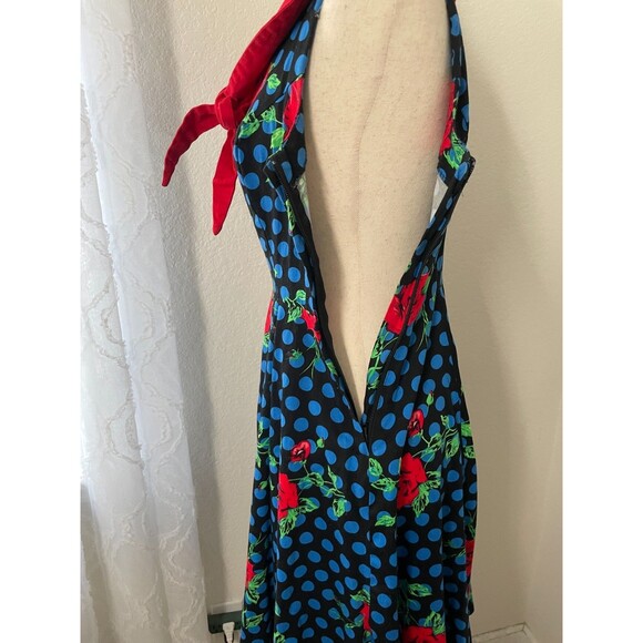 Hearts & Roses Rockabilly Dress Size 8 Blue Polka Dot Rose Print Retro Pinup - Picture 4 of 8